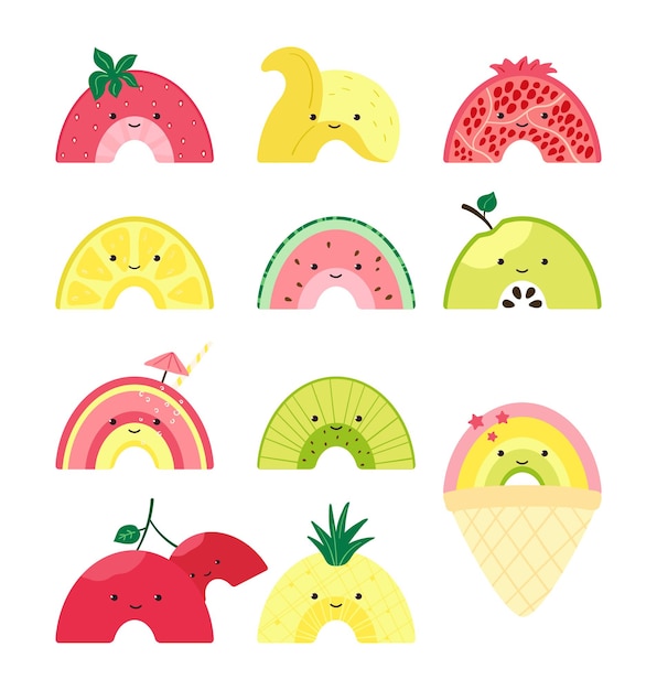 Set met schattige fruit regenboog. kleurrijke fruit-, ijs- en cocktailkarakters. illustratie met plakjes watermeloen, appel, ananas, granaatappel, citroen, kers, kiwi, banaan, aardbei. vector