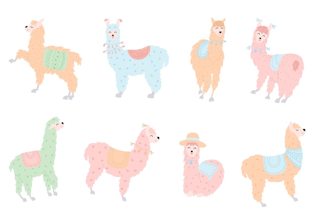 Set met schattige lama's. geïsoleerde schets cartoon baby lama vector. guanaco, alpaca, vicuna.