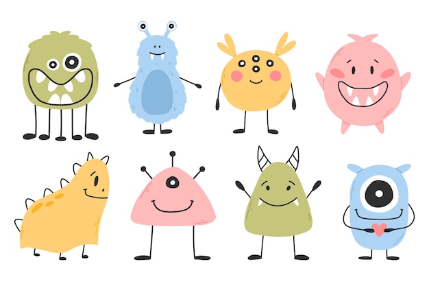 Set met schattige monsters in platte stijl Met de hand getekende kinderen monsters vector illustratie Geïsoleerde mascotte