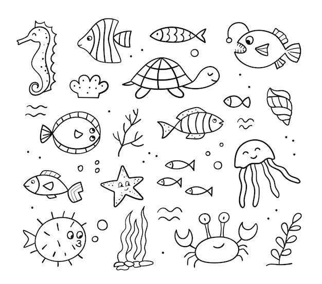 Set met schattige zeedieren. Doodle schets. Oceaan leven. Lineaire vectorillustratie.