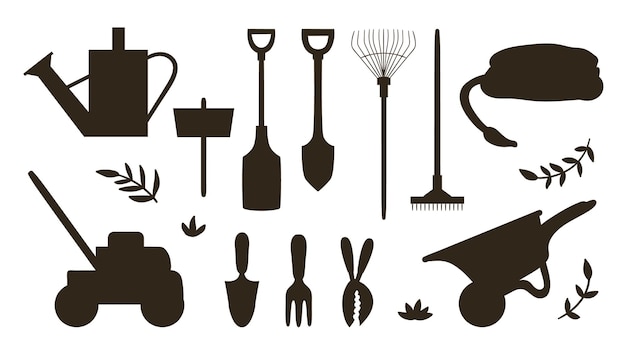 Vector set met silhouetten van tuingereedschap