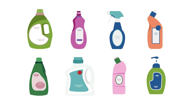 Vector set met veelkleurige wasmiddelen op witte achtergrond vector illustratieflessen met huishoudelijke chemicaliën voor het reinigen in cartoon stijl