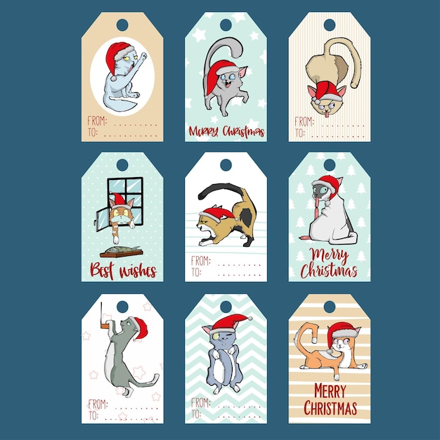 Set met vrolijk kerstfeest en gelukkig nieuwjaar vintage cadeaulabels en kaarten met kalligrafie handgeschreven...