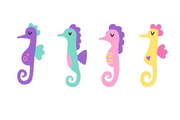 Set met zeepaardjes van verschillende vormen Leuke cartoon platte karakters Kinderachtig naïeve vector
