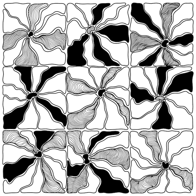 Set met zwart-witte abstracte bloemenelementen en moderne botanische bloemen in de matisse-stijl