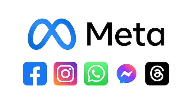 메타 또는 메타버스 라인업 아이콘 세트에는 페이스북 스레드,  ⁇ 츠앱 및 더 많은 메타 새로운 로고가 포함되어 있습니다.