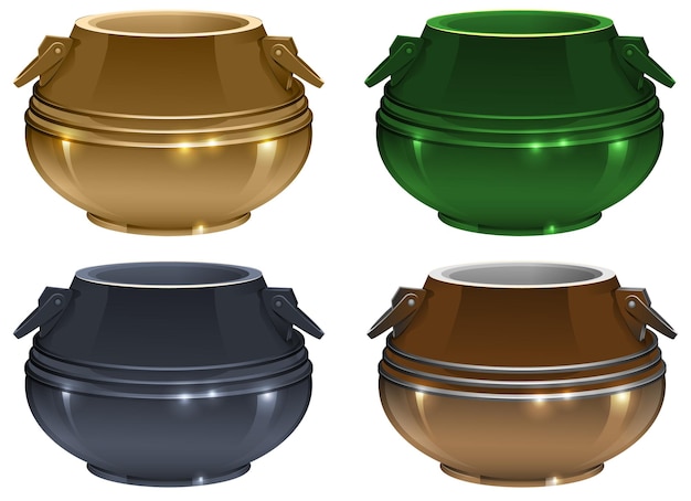 Vector set metal cauldron for cooking symbol holiday halloween and patrick day