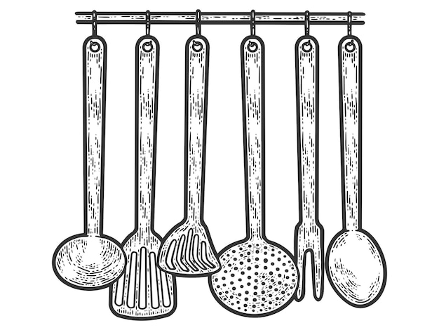 Vector set of metal kitchen utensils hanging on wall sketch scratch board imitation