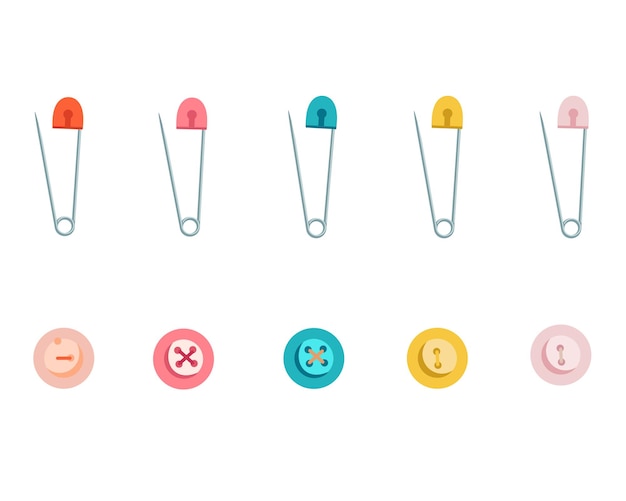 A set of metal pins and multicolored buttons vector drawing on a white background