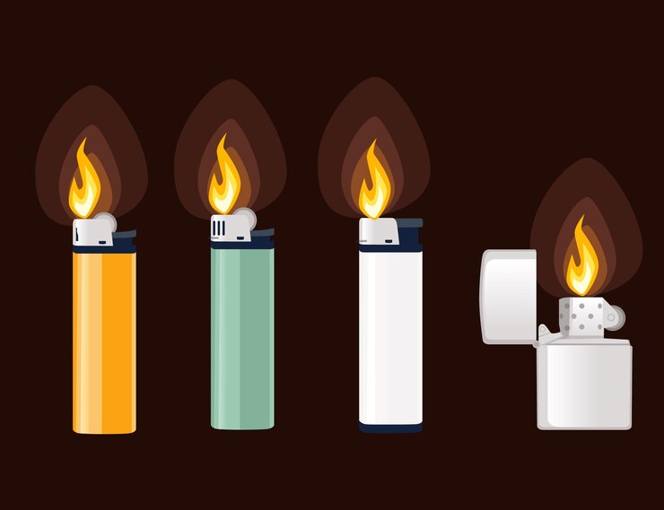 Set of metal and plastic lighter for kitchen or cigarette gas lighter smoker accessory flat vector illustration isolated on brown background