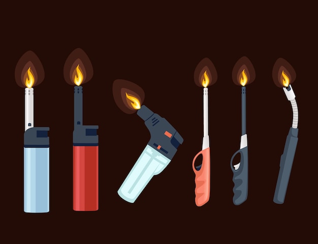 Set of metal and plastic lighter for kitchen or cigarette gas lighter smoker accessory flat vector illustration isolated on brown background