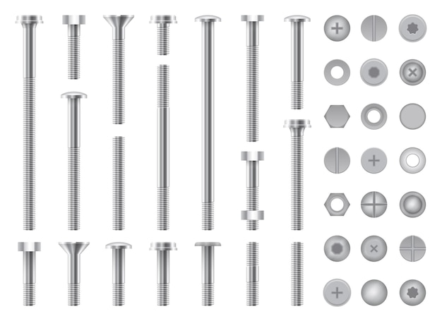 Vector set of metal screws, nuts, steel bolts and nails isolated