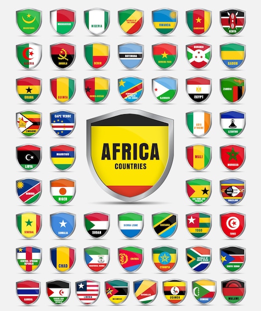 Vector set of metal sheets with the flags of the countries of the african continent.