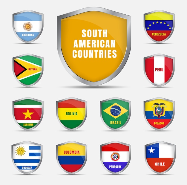 Set of metal shields with flags and the name of the south american countries.