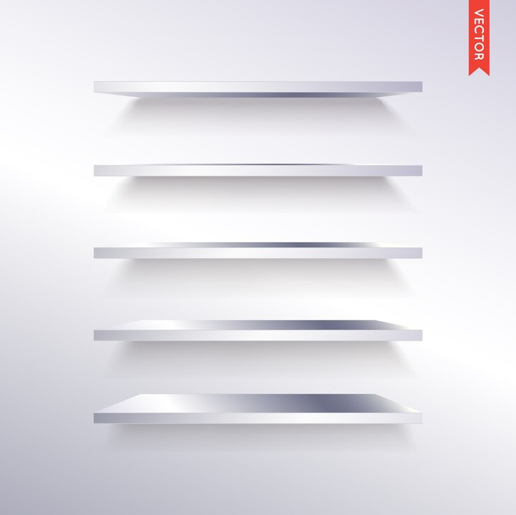 Vector set of metal or steel shelves isolated on the wall background
