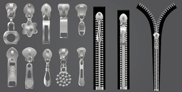 Set of metal zippers.