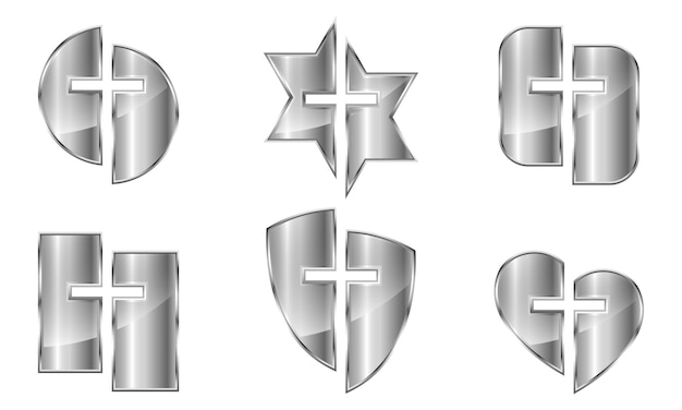 Set metalen christelijke symbolen geïsoleerd. vector illustratie. verschillende vormen van zilveren pictogrammen met christian cross-symbool.