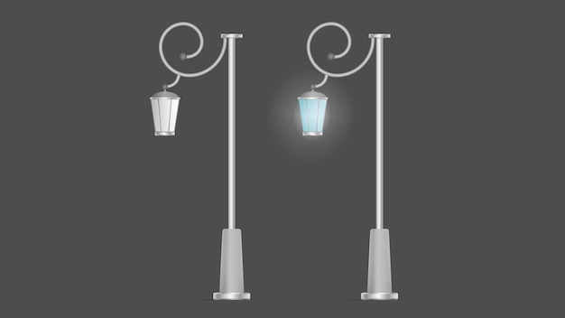 A set of Metallic lanterns that shine. Lamp post with realistic light. Vector.