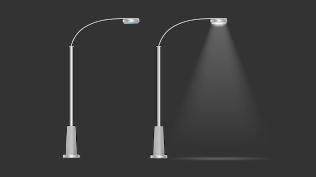 A set of Metallic lanterns that shine. Lamp post with realistic light. Vector.