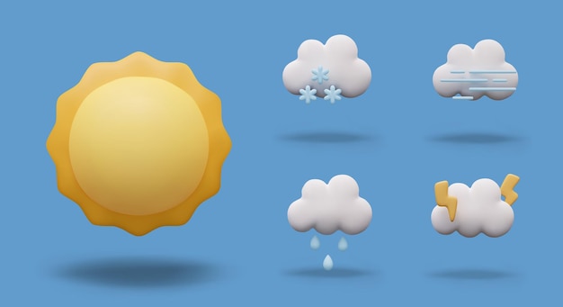 Vettore set di icone meteorologiche su sfondo blu nuvola solare 3d con nebbia di neve temporale pioggia