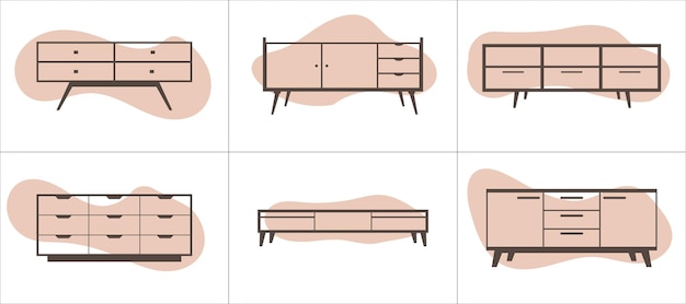 Set meubels lijn iconen Meubilair voor woonkamer en slaapkamer Vlakke stijl vectorillustratie