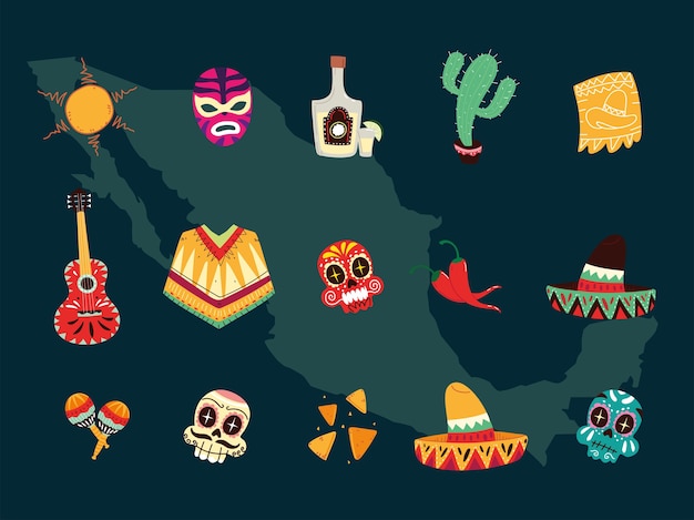 Set mexicaanse symbolen, mexicaanse viering iconen ontwerp