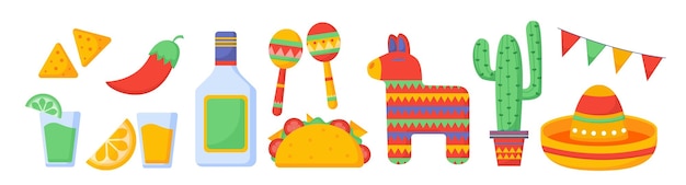 Set of mexican culture concept maracases and chillie cactus and sombrero taco and tequilla drink