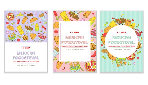 Set of Mexican fast food menu template with kawaii food in cartoon doodle style Poster for food fair and fisteval