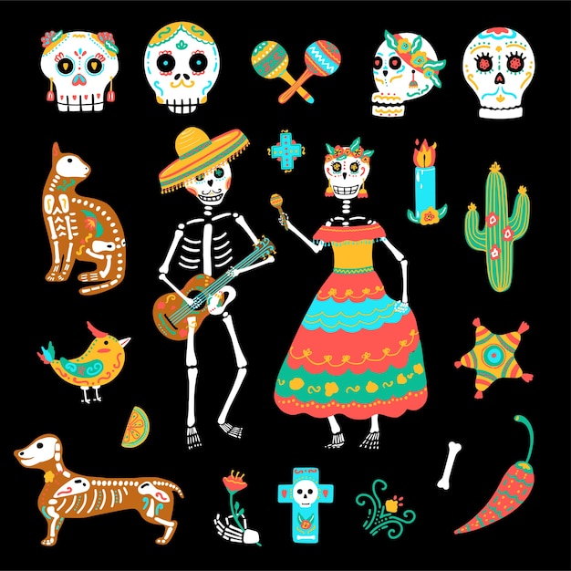 죽은 자의 멕시코 휴일, Dia de los Muertos 세트. 손으로 그린 화려한 귀여운 두개골, 해골 및 파티 용품.