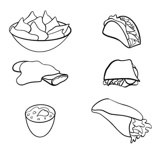 Set of mexican traditional dishes drawn in one line.