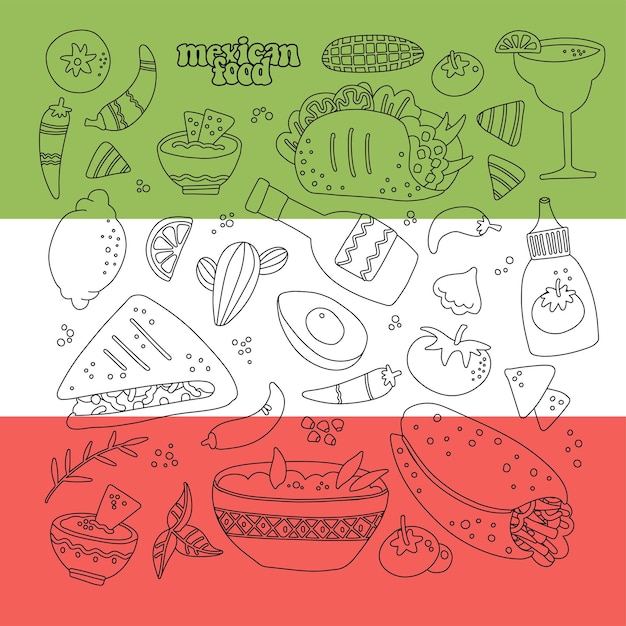Набор мексиканской традиционной кухни, мексиканская коллекция, простая линейная изолированная графика, рука доктора
