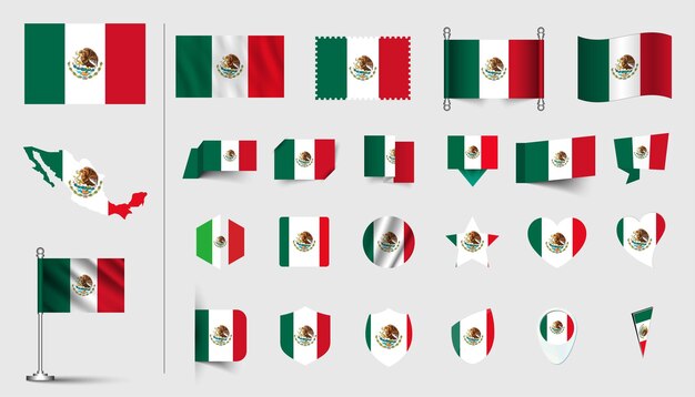 Vector set of mexico flag flat icon set vector illustration flag button waving 3d rendering symbols