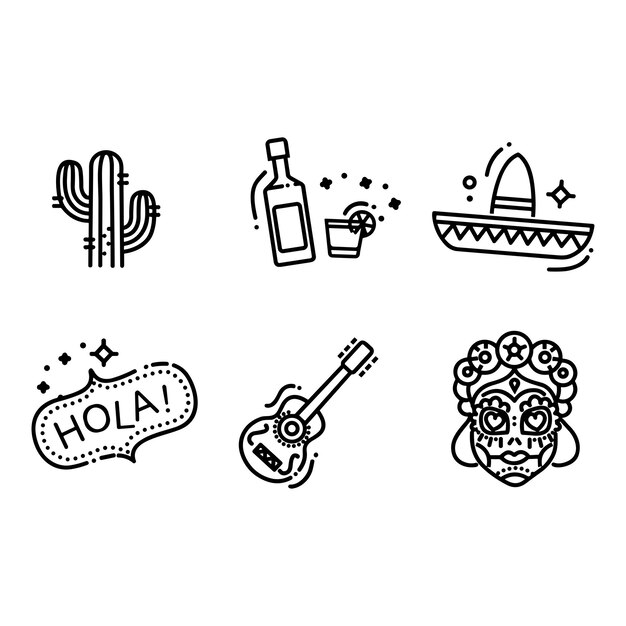 Vector set of mexico icons simple line art style icons pack