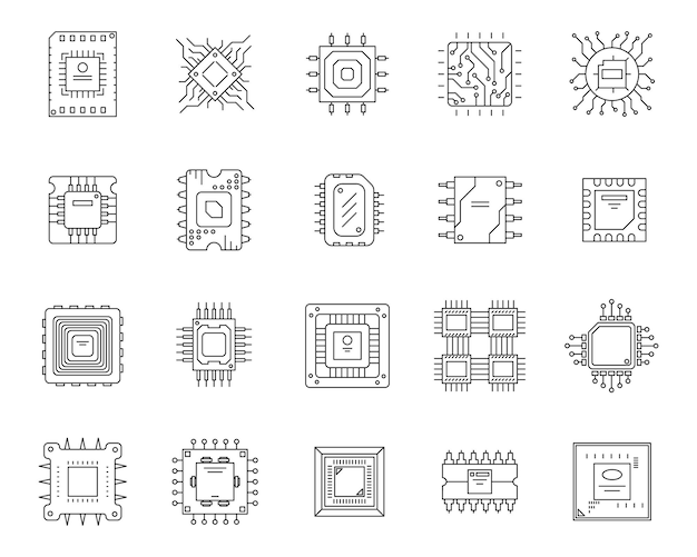 Vector set of microchip icons black thin line microprocessor chip linear cpu processor disign