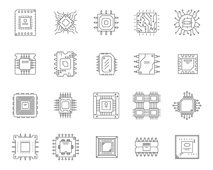 Vector マイクロチップアイコンのセット黒の細い線のマイクロプロセッサチップ線形cpuプロセッサの設計