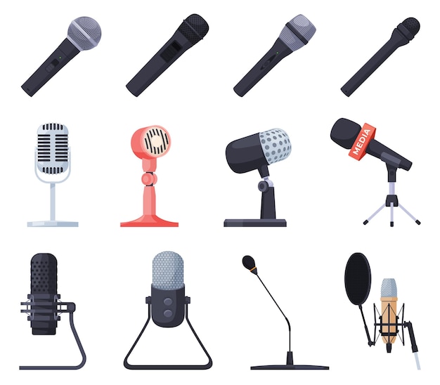 A set of microphones of different types Audio recording tools Vector illustration