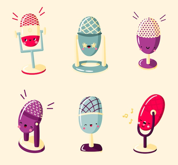 Vector set of microphones with funny faces