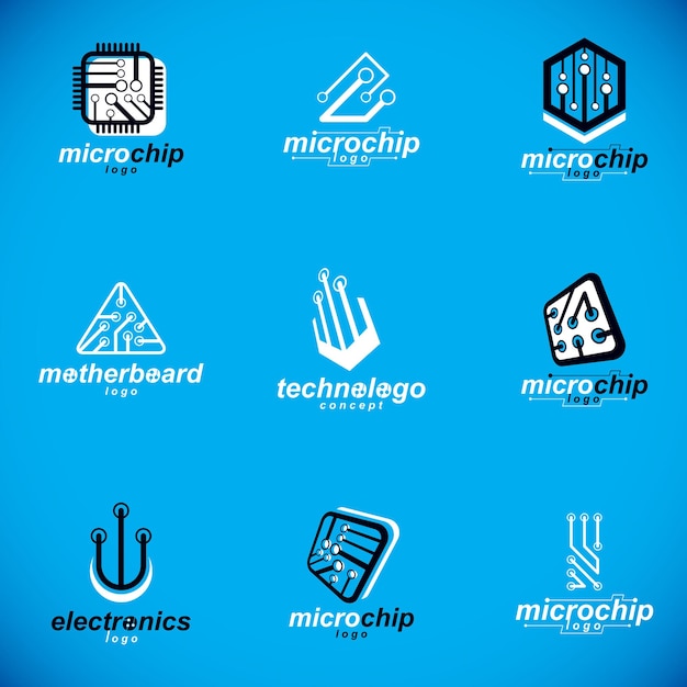 Set of microprocessor scheme abstract logotypes. Futuristic cybernetic vector motherboard. Digital elements, circuit board.