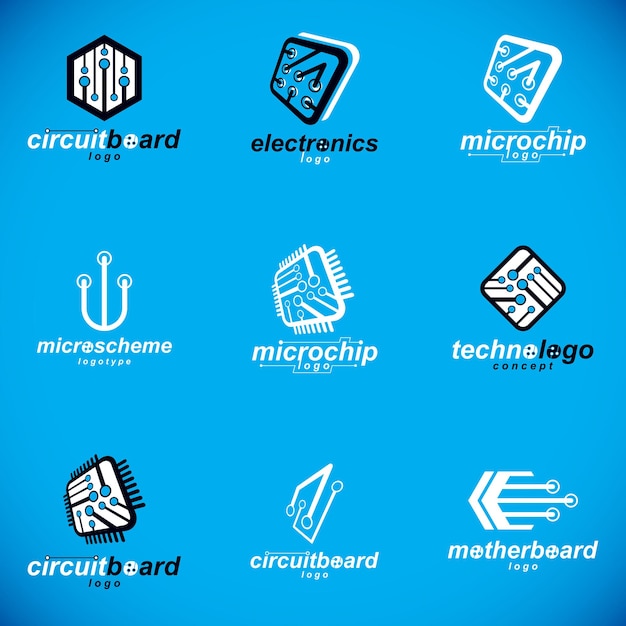 Set of microprocessor scheme abstract logotypes. Futuristic cybernetic vector motherboard. Digital elements, circuit board.