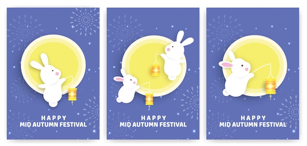 Set of Mid autumn festival cards with cute rabbits and the moon in paper cut style.