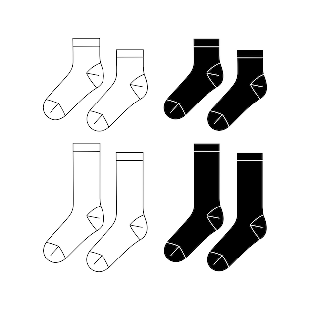 Vector set of mid calf length socks flat sketch fashion illustration drawing template mock up calf length socks cad drawing for unisex men's and women's quarter crew socks design drawing