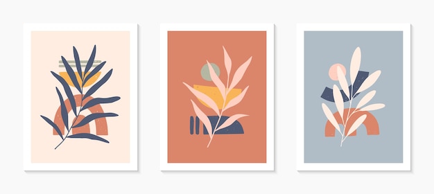 Set of mid century modern abstract vector illustrations with organic shapes and leaves