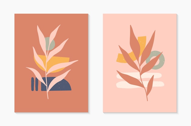 Set of mid century modern abstract vector illustrations with organic shapes and leaves