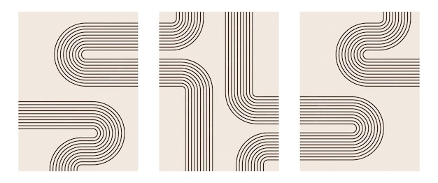 Set di stampa d'arte moderna minimalista di metà secolo con forma naturale organica. fondo estetico contemporaneo astratto con linea nera minimale geometrica su beige. decorazione da parete boho.