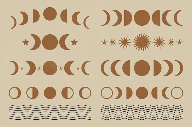 Set of Mid century modern minimalist art print with organic natural shape  Moon phases