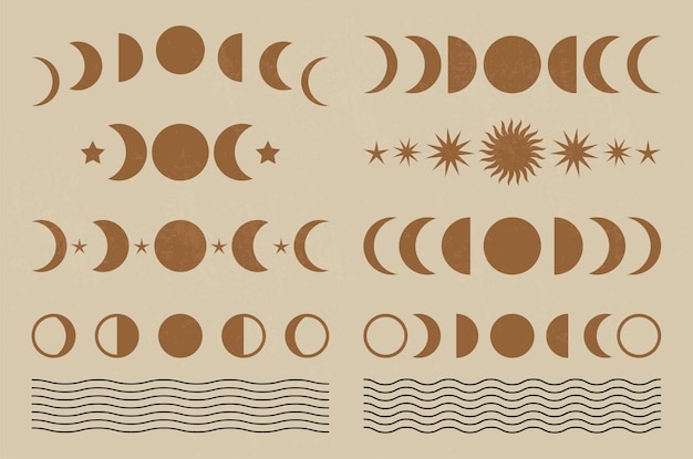 Set of mid century modern minimalist art print with organic natural shape  moon phases