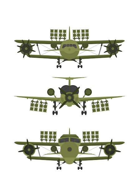 Set Militair vliegtuig vooraanzicht Groene jager met raketwerpers