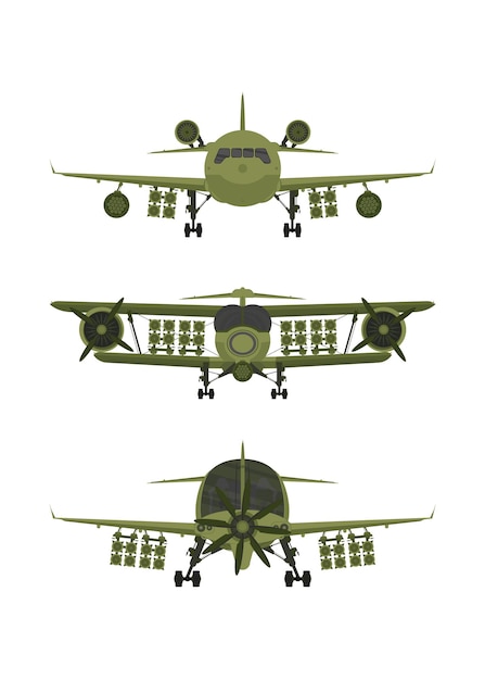 Vector set militaire gevechtsvliegtuigen met raketten aan boord illustratie geïsoleerd op een witte achtergrond