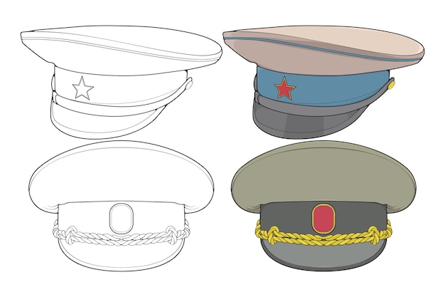Set of military cap vector illustration isolated on white background Military cap vector for coloring book