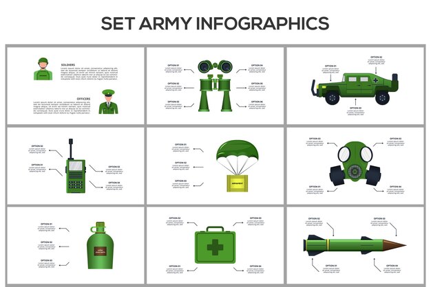 벡터 단계 옵션 부품 또는 프로세스 군인 및 장교를 사용하여 인포그래픽에 대한 군사 개념 설정